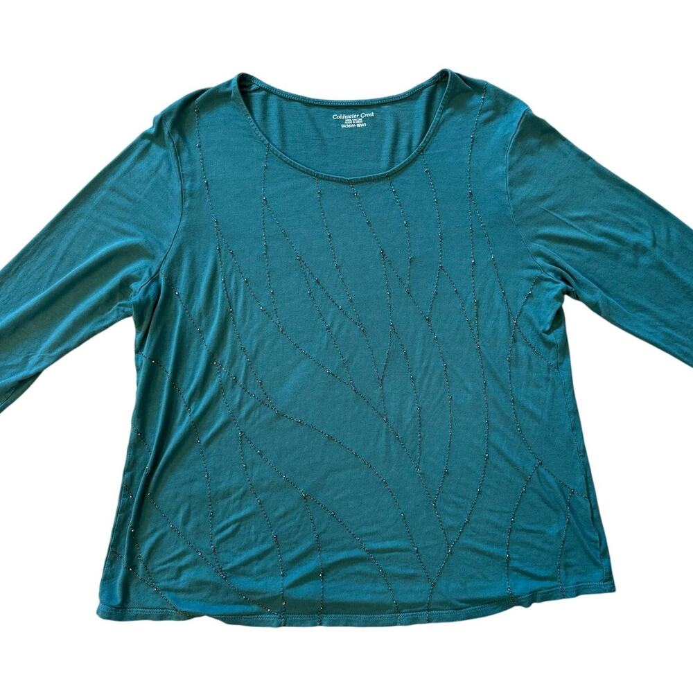 Coldwater Creek Beaded Top Plus 16W-18W Teal 3/4 Sleeve 100% Viscose